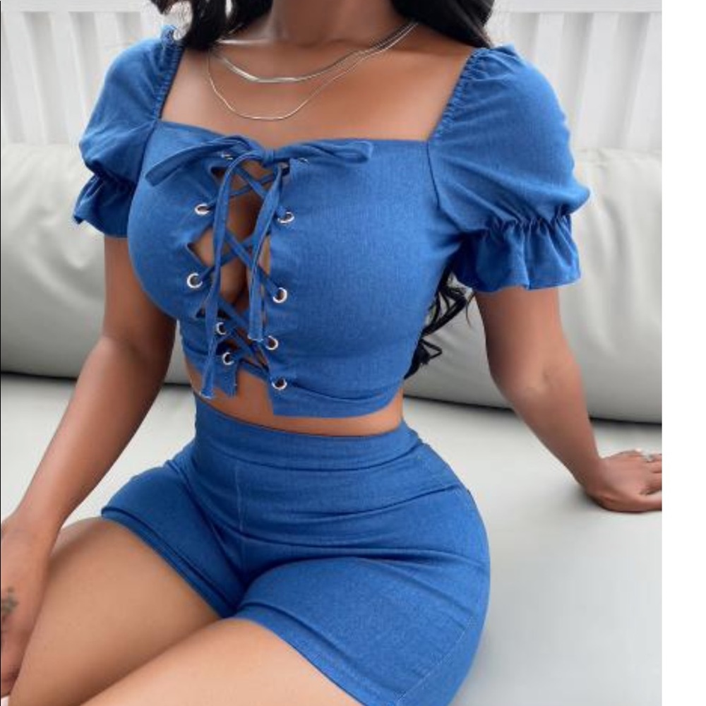 Blue jean crop top and short sets size XL